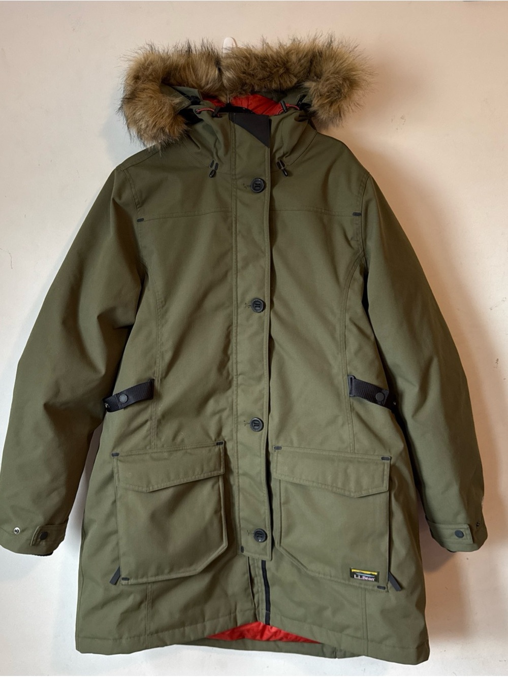 L.L. Bean Olive Green Faux-Fur Trim Ski Parka